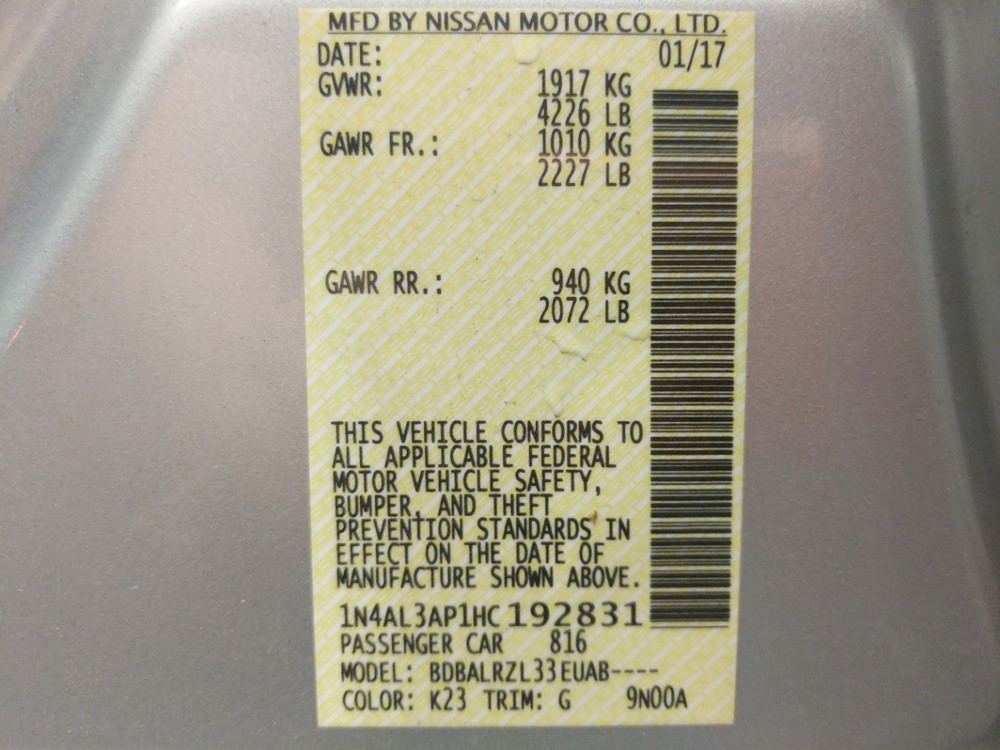 2017 Nissan Altima - VIN Plate