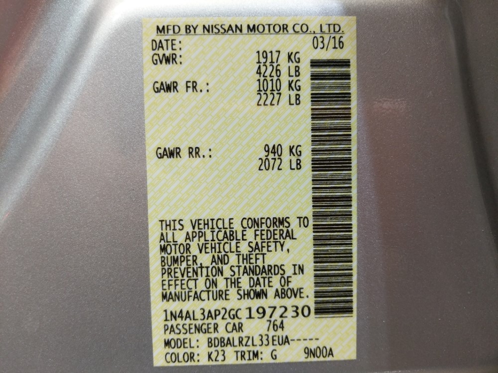 2016 Nissan Altima - VIN Plate
