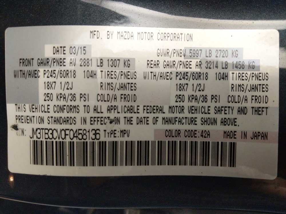 2015 Mazda CX-9 - VIN Plate