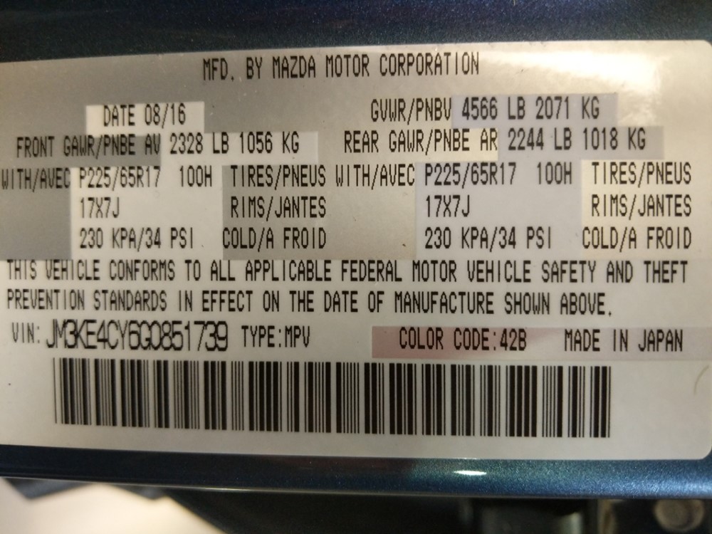 2016 Mazda CX-5 - VIN Plate