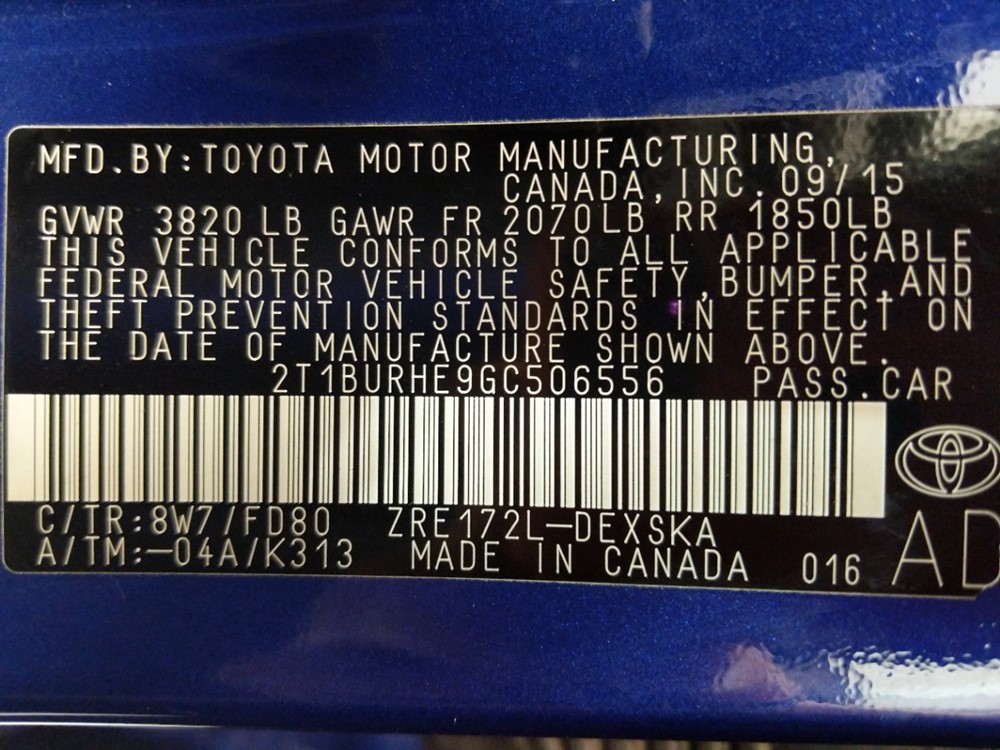2016 Toyota Corolla - VIN Plate