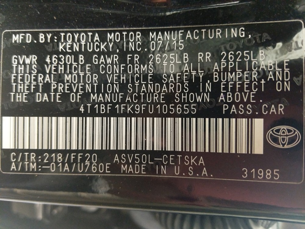 2015 Toyota Camry - VIN Plate