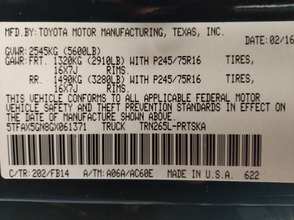 2016 Toyota Tacoma - VIN Plate