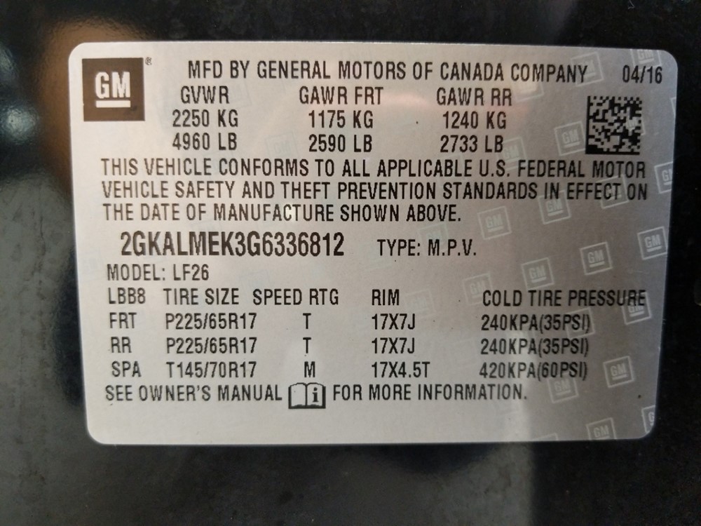 2016 GMC Terrain - VIN Plate