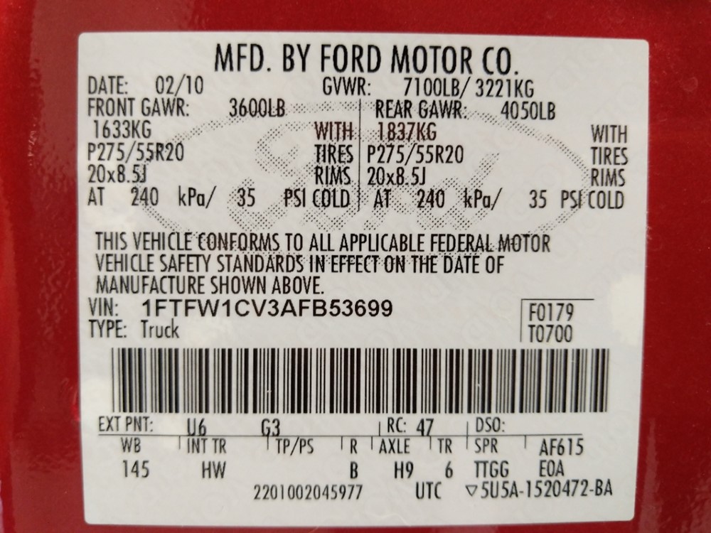 2010 Ford F-150 - VIN Plate