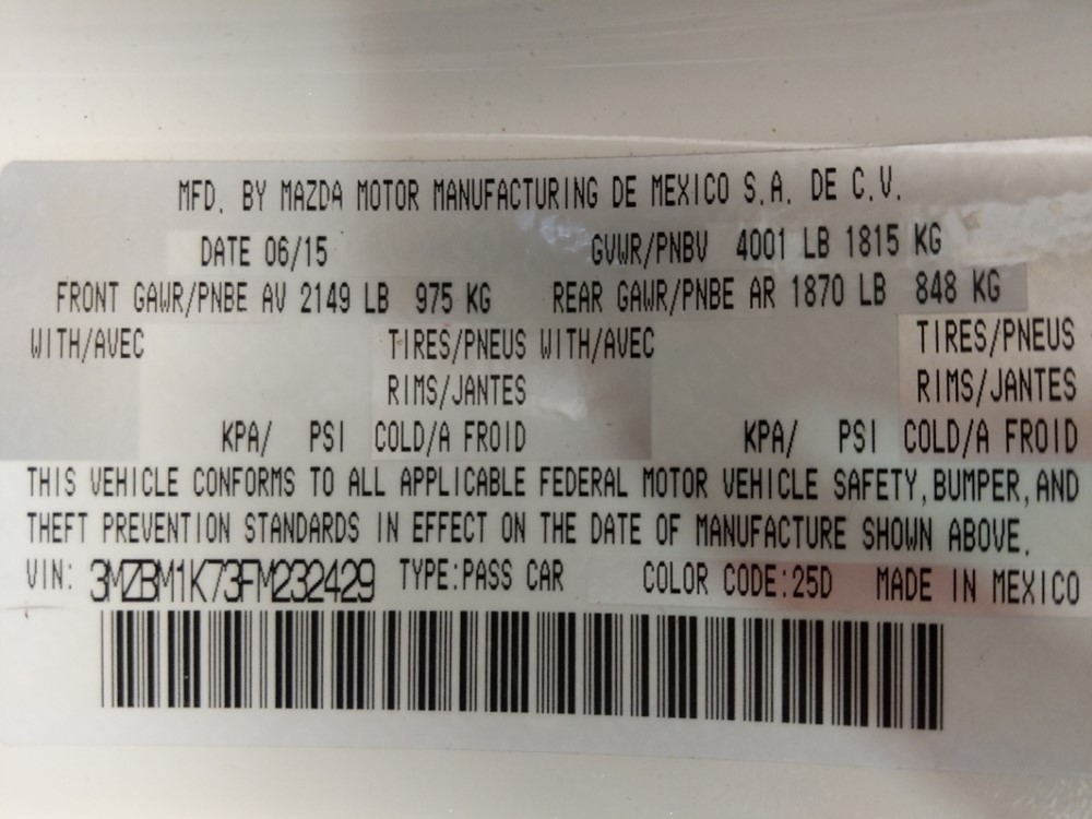2015 Mazda Mazda3 - VIN Plate
