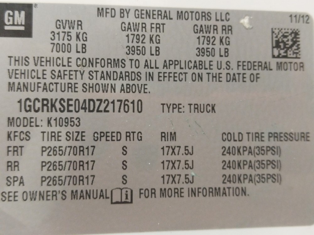 2013 Chevrolet Silverado 1500 - VIN Plate