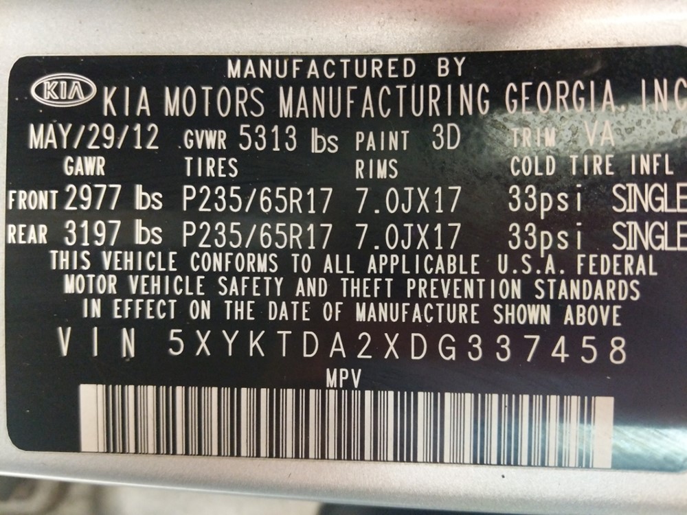 2013 Kia Sorento - VIN Plate