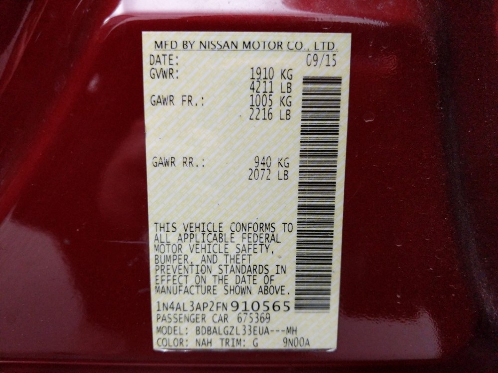 2015 Nissan Altima - VIN Plate