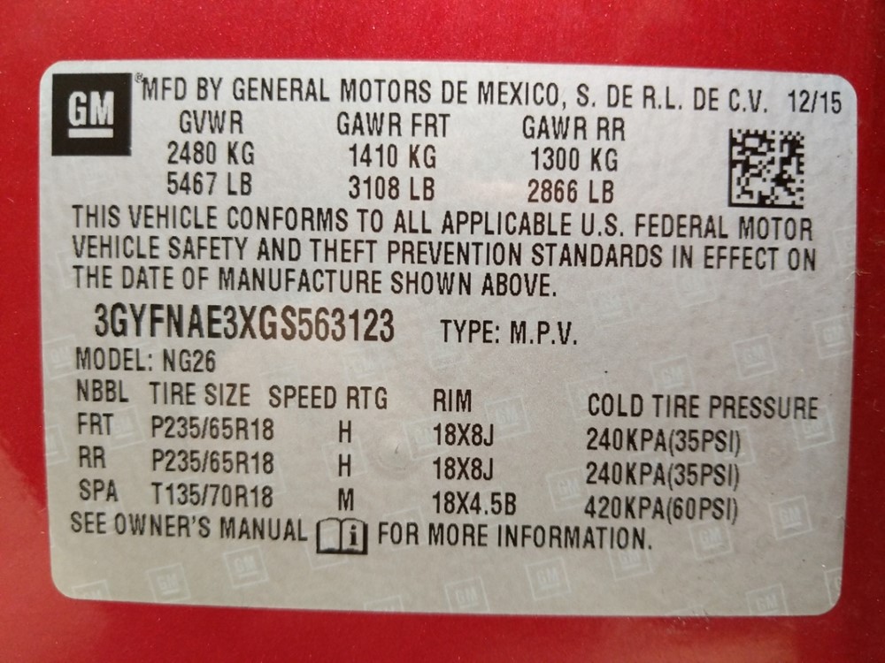 2016 Cadillac SRX - VIN Plate