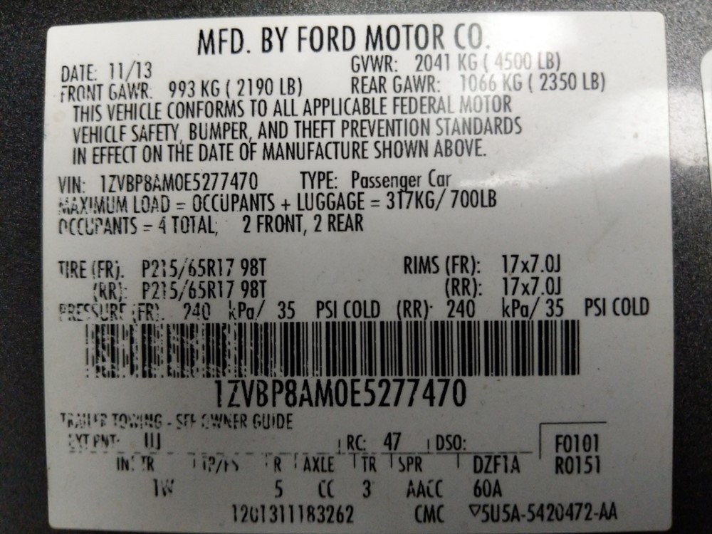 2014 Ford Mustang - VIN Plate