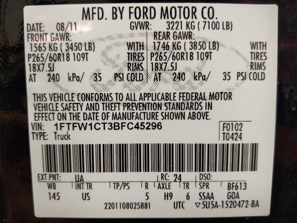 2011 Ford F-150 - VIN Plate