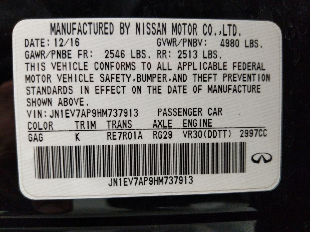 2017 INFINITI Q50 - VIN Plate