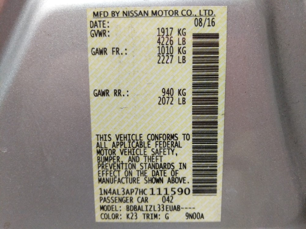 2017 Nissan Altima - VIN Plate