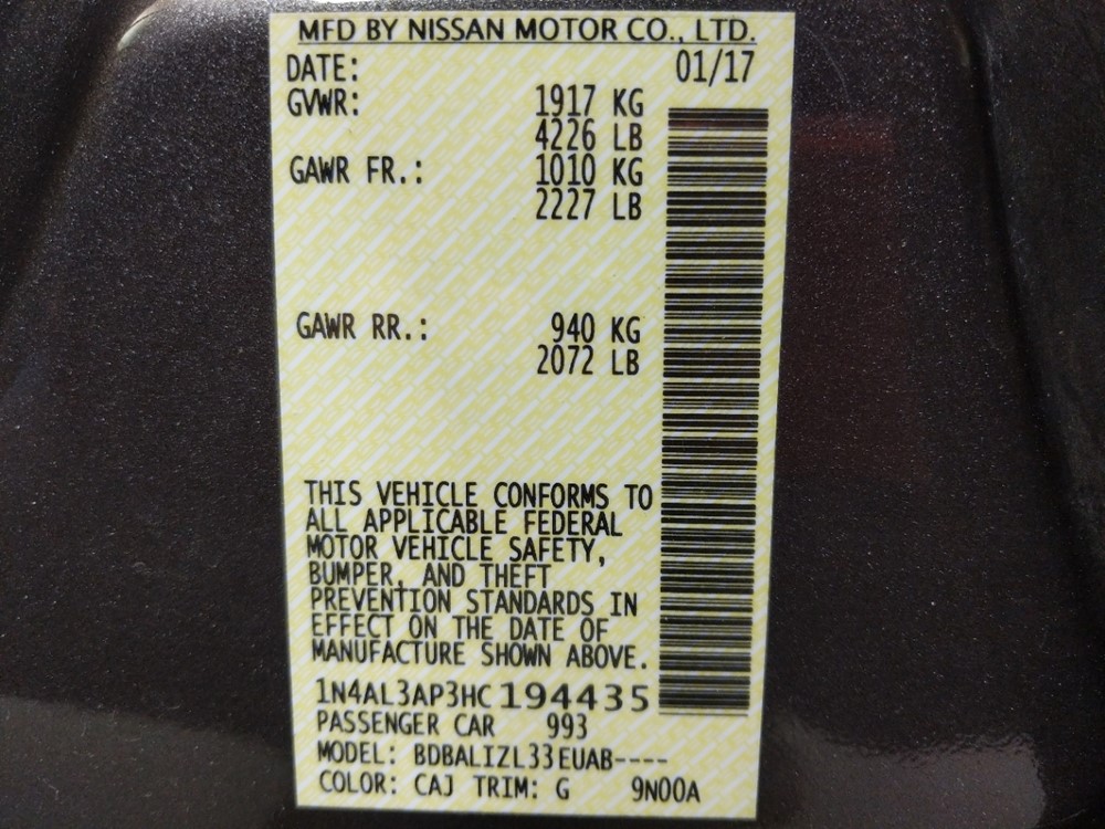 2017 Nissan Altima - VIN Plate