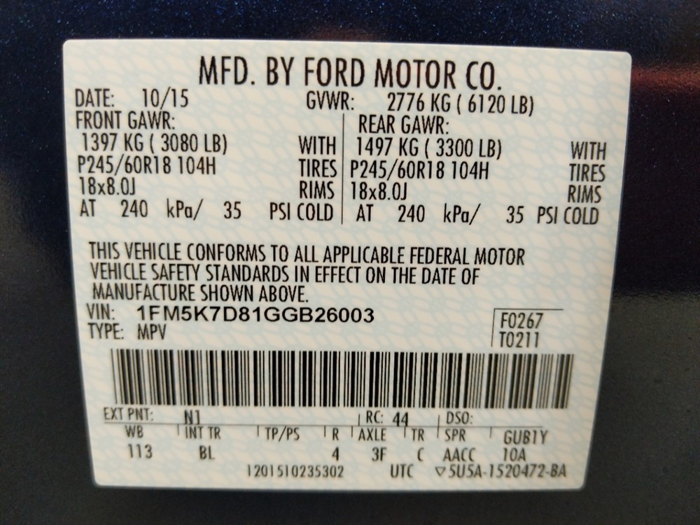 2016 Ford Explorer - VIN Plate