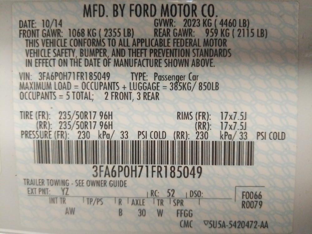 2015 Ford Fusion - VIN Plate