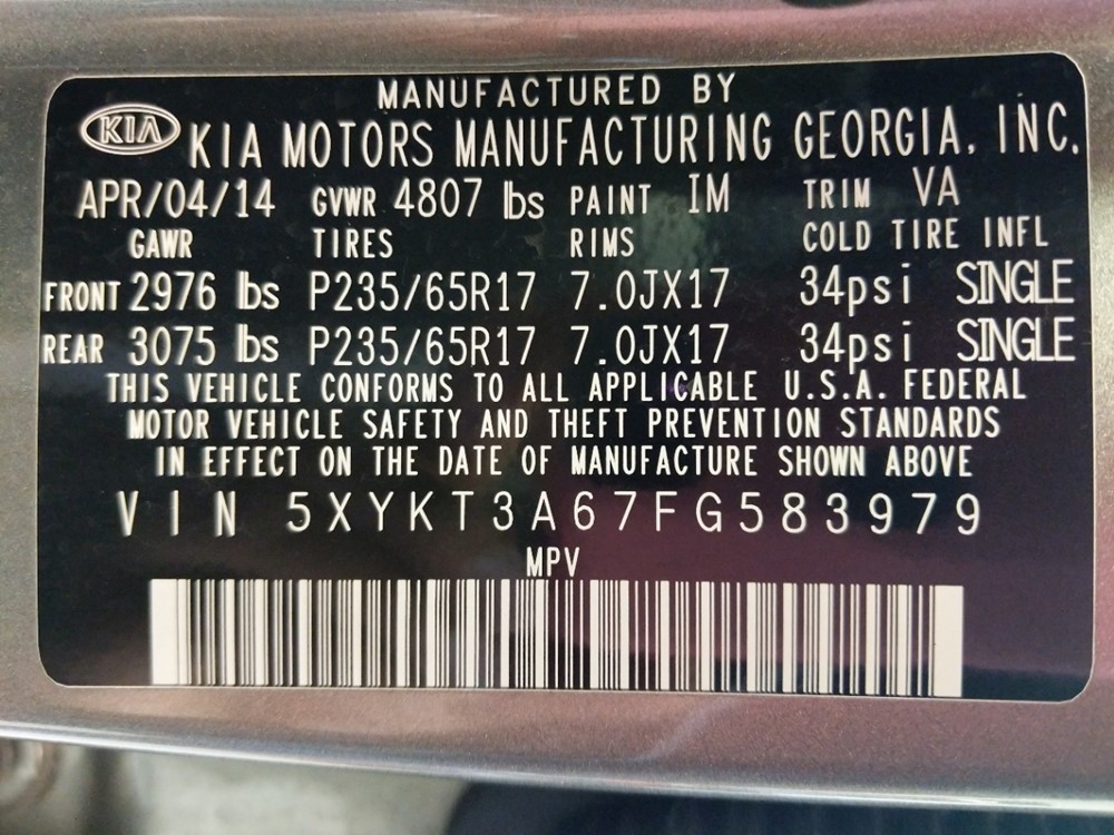2015 Kia Sorento - VIN Plate