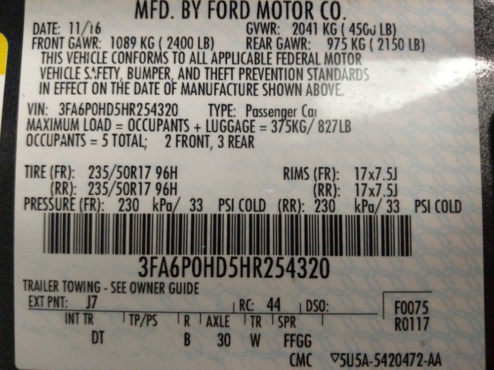 2017 Ford Fusion - VIN Plate