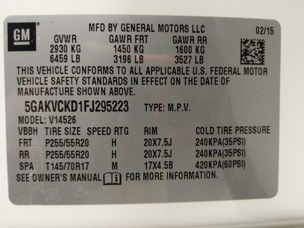 2015 Buick Enclave - VIN Plate