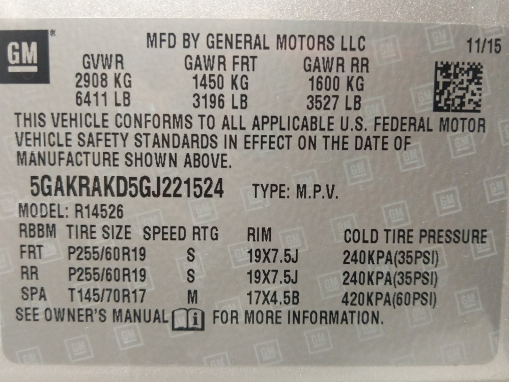 2016 Buick Enclave - VIN Plate