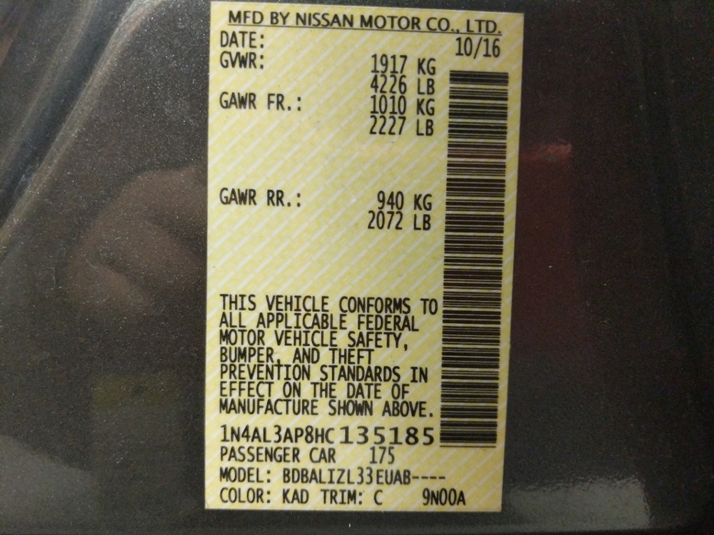 2017 Nissan Altima - VIN Plate