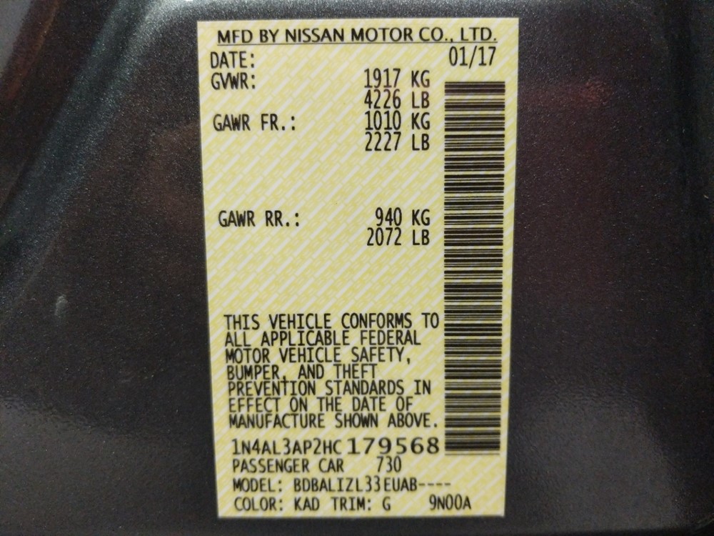 2017 Nissan Altima - VIN Plate