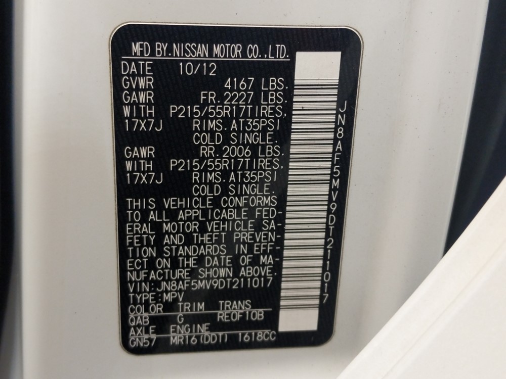 2013 Nissan JUKE - VIN Plate
