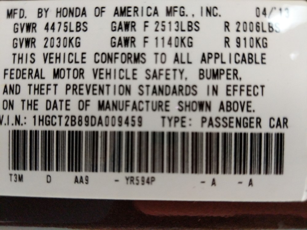 2013 Honda Accord - VIN Plate