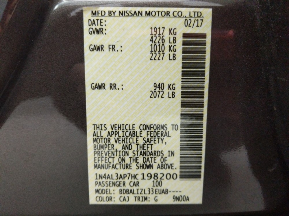 2017 Nissan Altima - VIN Plate