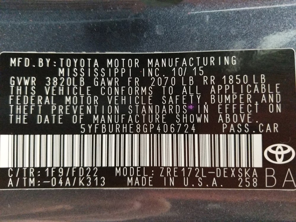 2016 Toyota Corolla - VIN Plate