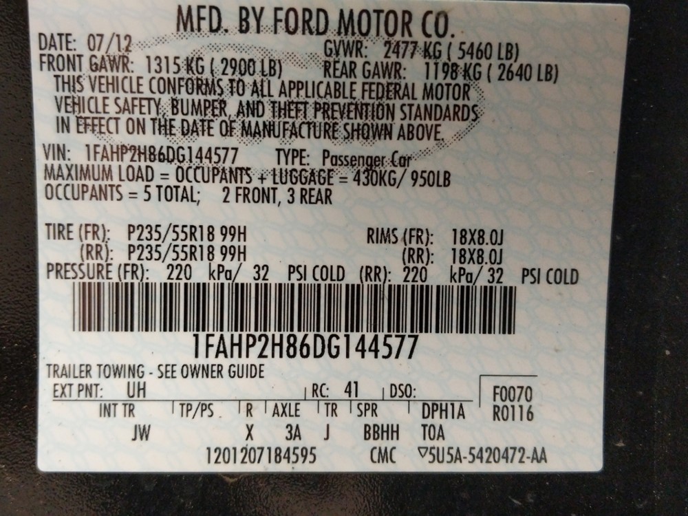 2013 Ford Taurus - VIN Plate