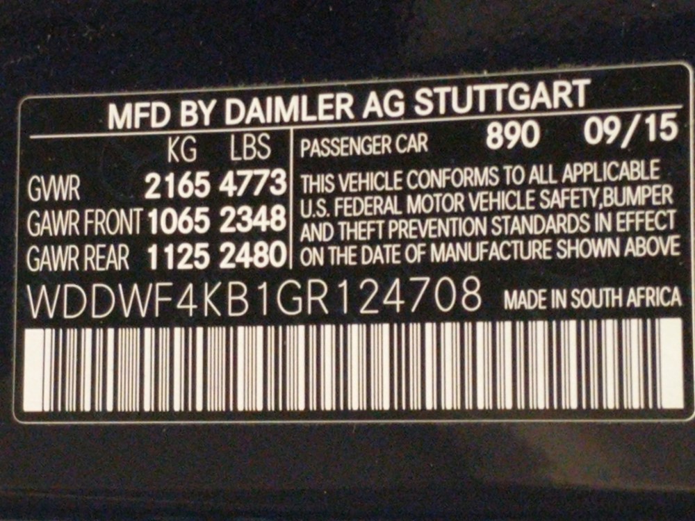 2016 Mercedes-Benz C300 - VIN Plate