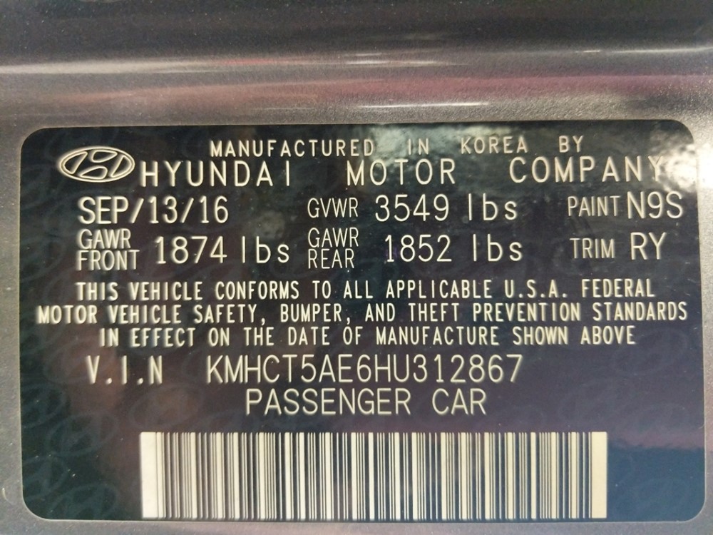 2017 Hyundai Accent - VIN Plate