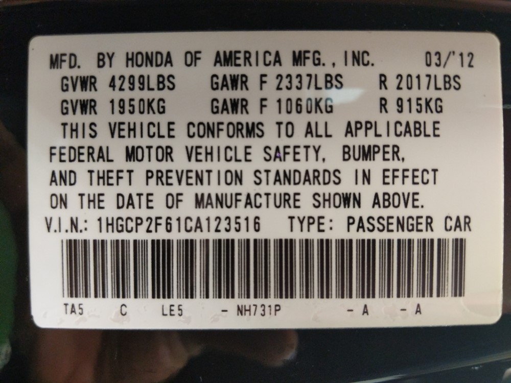 2012 Honda Accord - VIN Plate