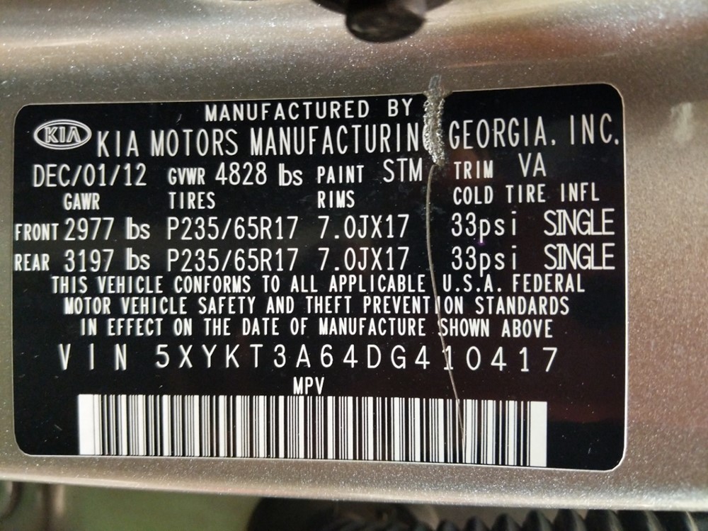 2013 Kia Sorento - VIN Plate
