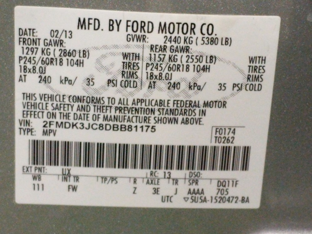 2013 Ford Edge - VIN Plate