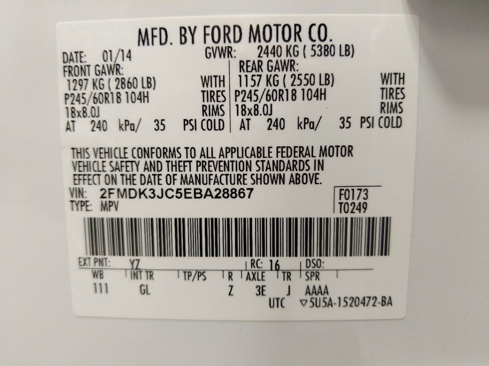 2014 Ford Edge - VIN Plate