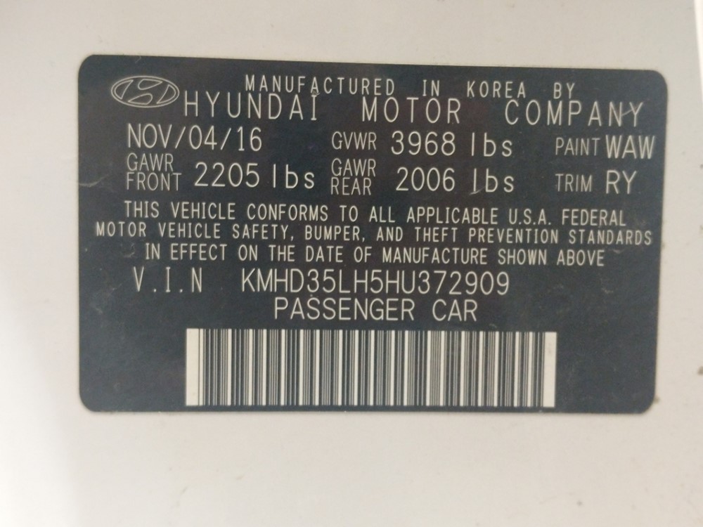 2017 Hyundai Elantra - VIN Plate
