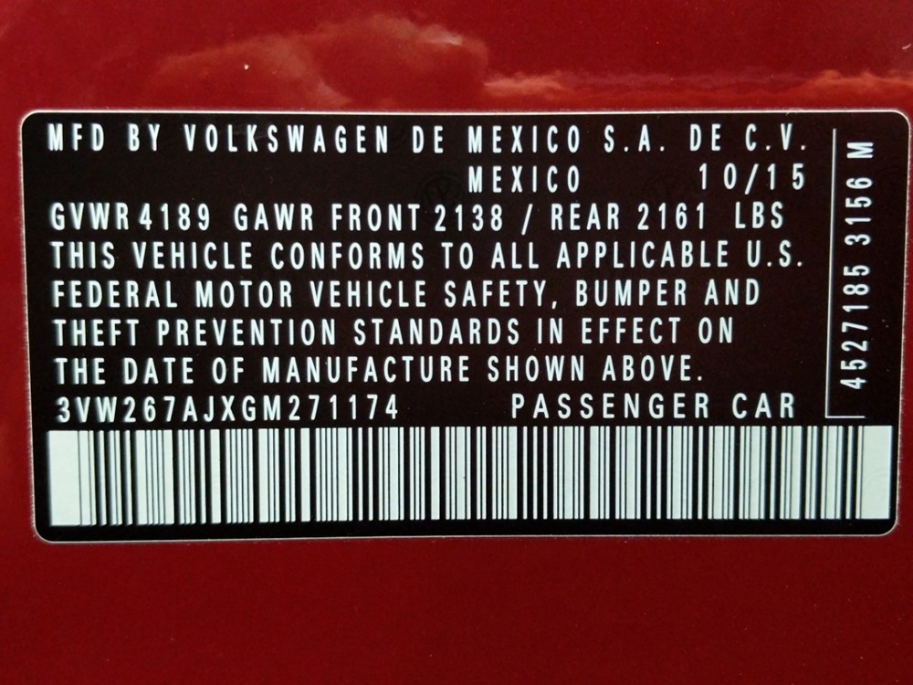 2016 Volkswagen Jetta - VIN Plate