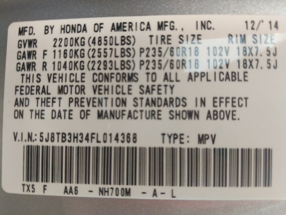 2015 Acura RDX - VIN Plate