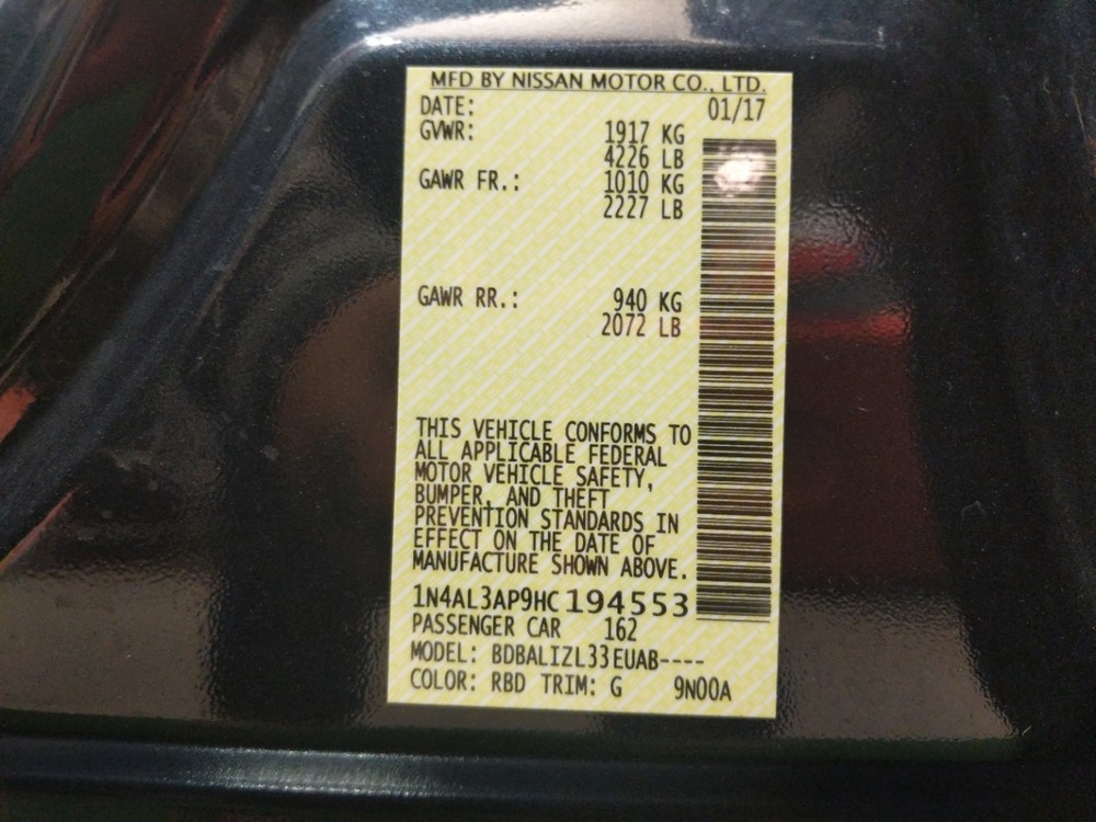 2017 Nissan Altima - VIN Plate