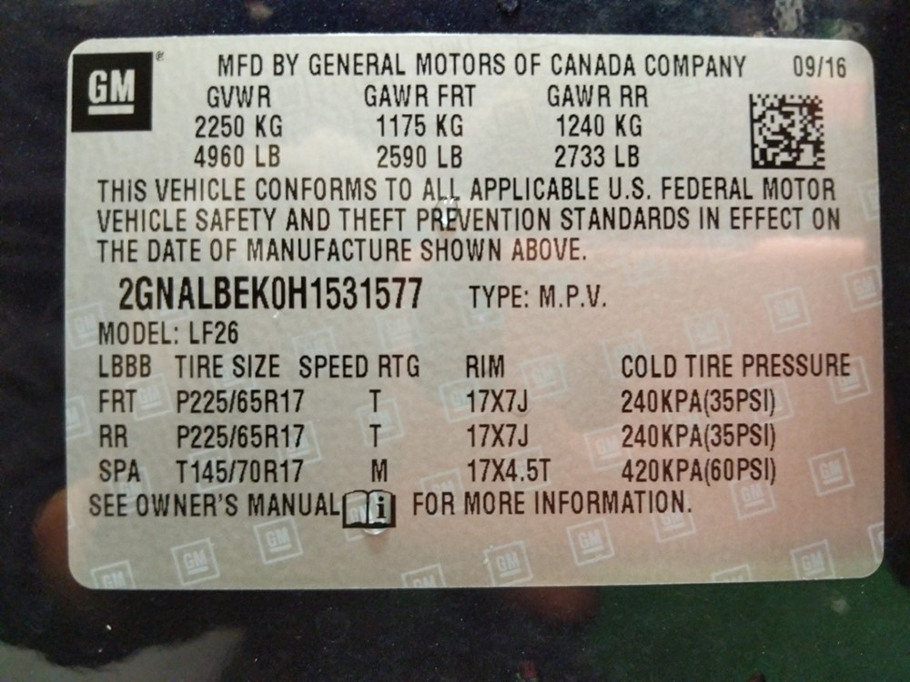 2017 Chevrolet Equinox - VIN Plate
