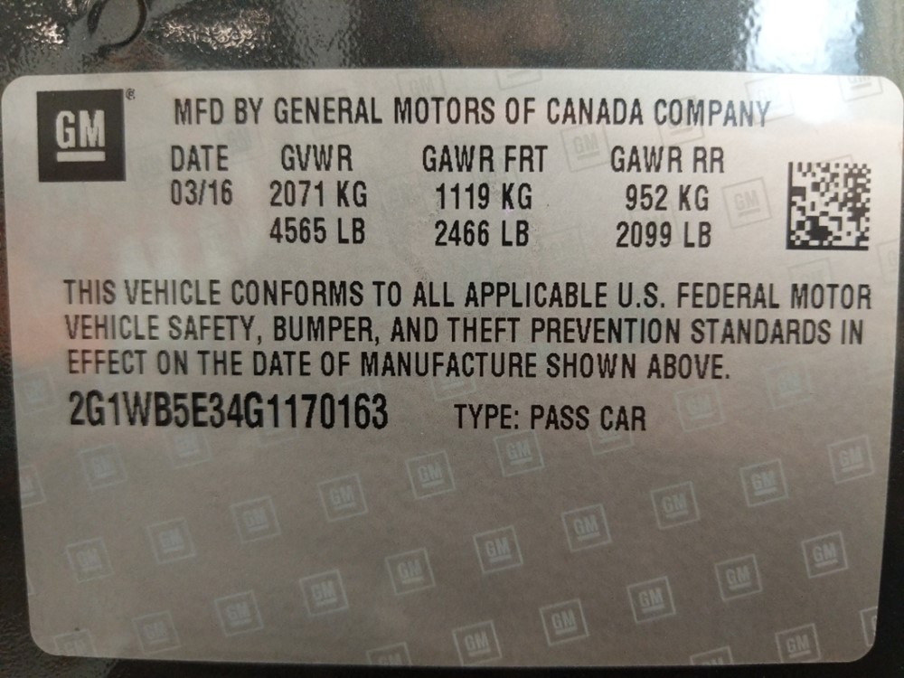 2016 Chevrolet Impala - VIN Plate