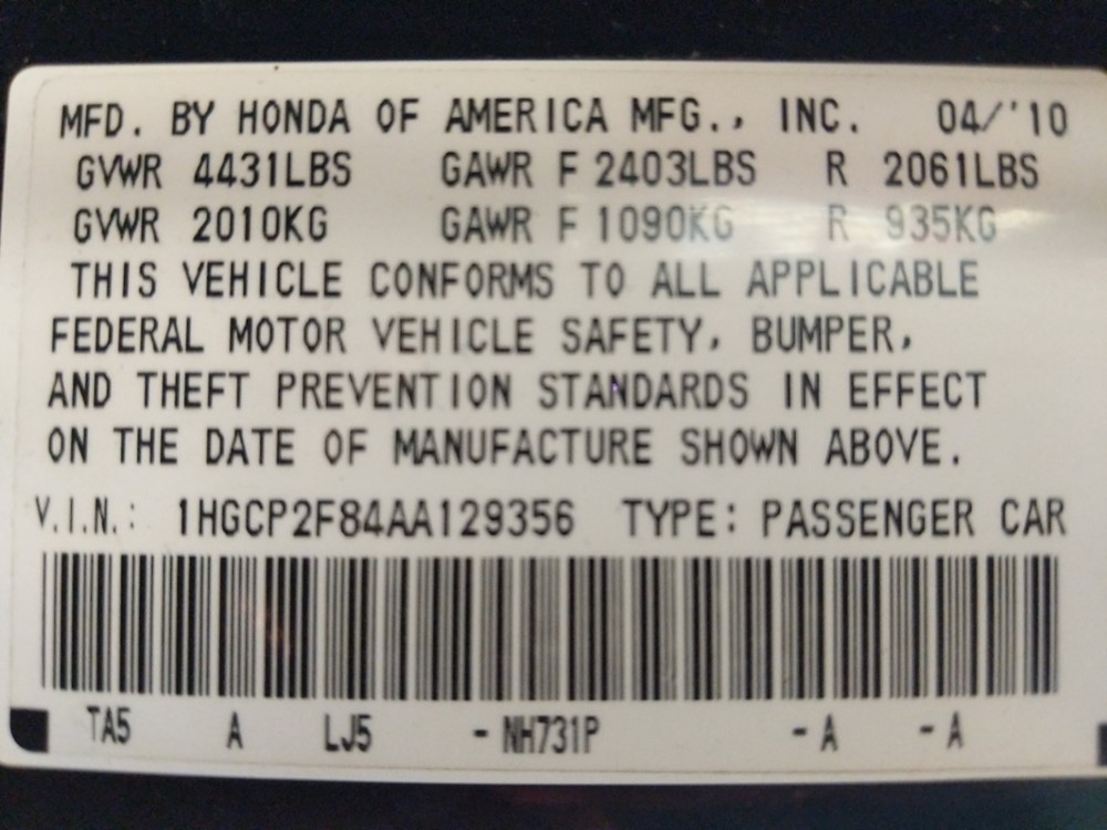 2010 Honda Accord - VIN Plate