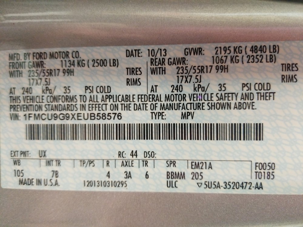 2014 Ford Escape - VIN Plate