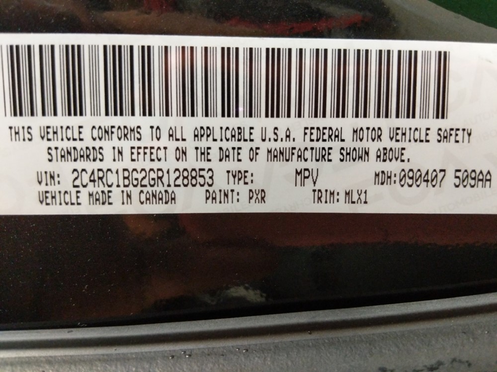 2016 Chrysler Town and Country - VIN Plate
