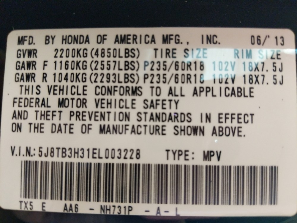 2014 Acura RDX - VIN Plate