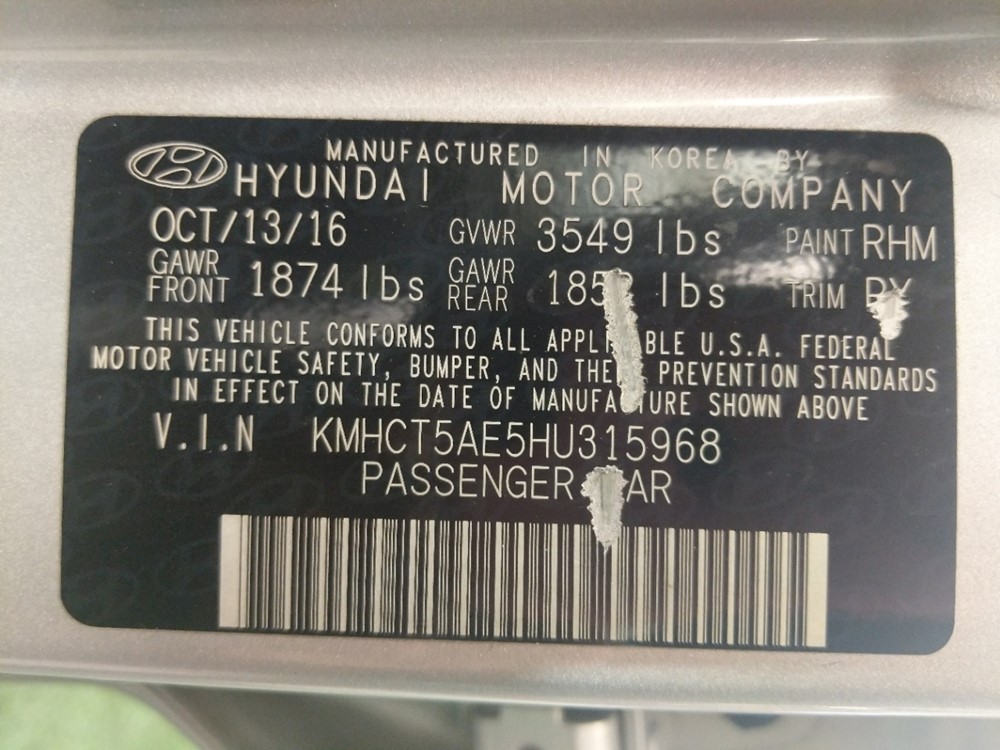 2017 Hyundai Accent - VIN Plate