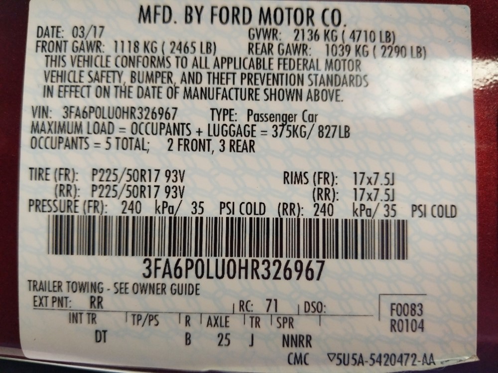 2017 Ford Fusion - VIN Plate
